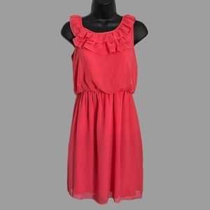 Coral Mini Dress with Ruffled Neckline
